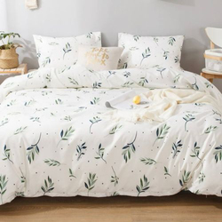 Luna Home 4-Piece Small Green Leaves Design Bedding Set without Filler, 1 Duvet Cover + 1 Fitted Sheet + 4 Pillow Cases, King, Cream