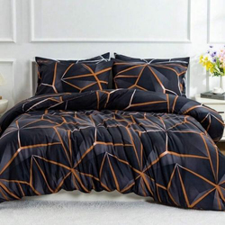 Deals For Less Luna Home 6-Piece Geometric Design Duvet Cover Set, 1 Duvet Cover + 1 Fitted Sheet + 4 Pillow Covers, King, Black/Brown