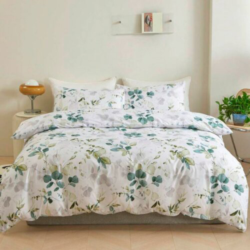 Deals For Less Luna Home 6-Piece Leaves Design Bedding Set, 1 Duvet Cover + 1 Fitted Sheet + 4 Pillow Cases, King Size, Green
