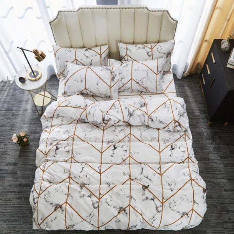 ديلز فور ليس طقم سرير من 6 قطع بتصميم رخامي جميل، 1 غطاء لحاف + 1 شرشف سرير + 4 غطاء وسادة، أبيض، كوين/ مزدوج