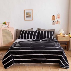 Deals for Less 4-Piece Stripes Design Comforter Set, 1 Comforter + 1 Bedsheet + 2 Pillow Covers, King/Queen, Black/White