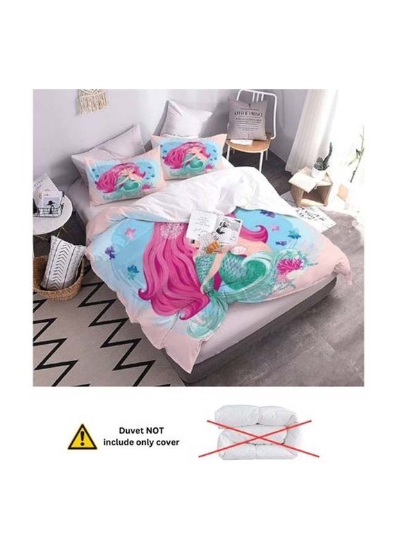 Luna Home 4-Piece Bedding Set, 1 Duvet Cover + 1 Fitted Sheet + 2 Pillow Cases, 3D Mermaid Design, Single, Pink