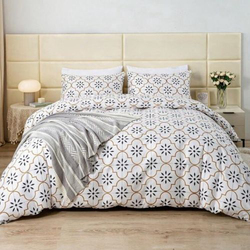 Deals For Less Luna Home 6-Piece Modern Tile Print Duvet Cover Bedding Set, 1 Duvet Cover + 1 Fitted Sheet + 4 Pillow Cases, Queen, White