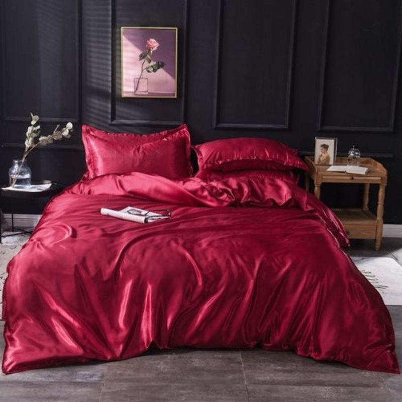 Deals For Less Luna Home 6-Piece Plain Bedding Set, 1 Duvet Cover + 1 Fitted Sheet + 4 Pillow Cases, Silky Satin, King Size, Red