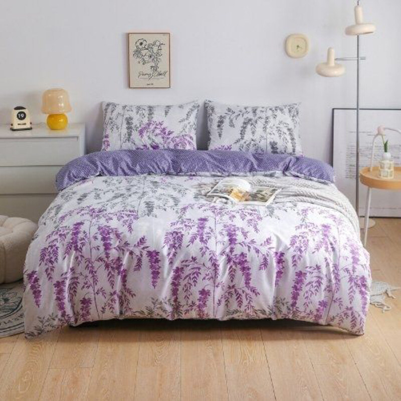 Luna Home 4-Piece Wisteria Design Bedding Set, 1 Duvet Cover + 1 Fitted Bedsheet + 2 Pillow Covers, White/Purple, Single Size