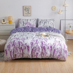 Luna Home 4-Piece Wisteria Design Bedding Set, 1 Duvet Cover + 1 Fitted Bedsheet + 2 Pillow Covers, White/Purple, Single Size