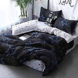 ديلز فور ليس طقم سرير من 4 قطع بتصميم نجوم كبيرة، 1 غطاء لحاف + 1 شرشف بمطاط + 2 غطاء وسادة، أسود، مفرد