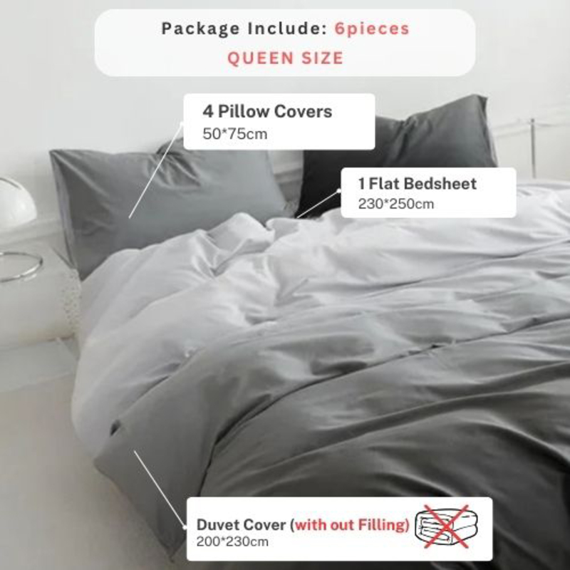 Luna Home 6-Piece Duvet Cover Set, 1 Duvet Cover + 1 Fiat Sheet + 4 Pillow Covers, Queen, Ombre Dark Grey