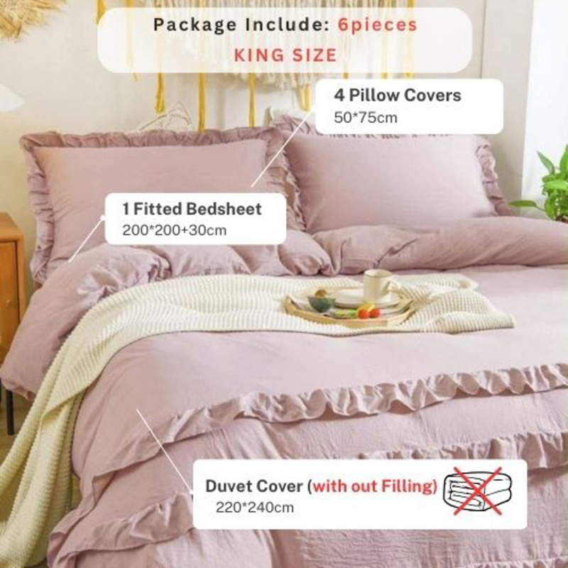 Deals For Less Luna Home Premium 6-Piece Plain Color Ruffles Design Bedding Set Without Filler, 1 Duvet Cover + 1 Fitted Sheet + 4 Pillow Cases, King, Light Pink
