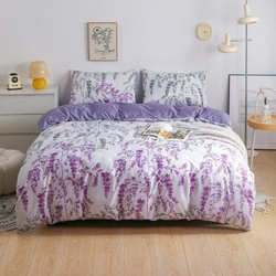Luna Home 6-Piece Wisteria Design Bedding Set, 1 Duvet Cover + 1 Fitted Bedsheet + 4 Pillow Covers, White/Purple, King Size
