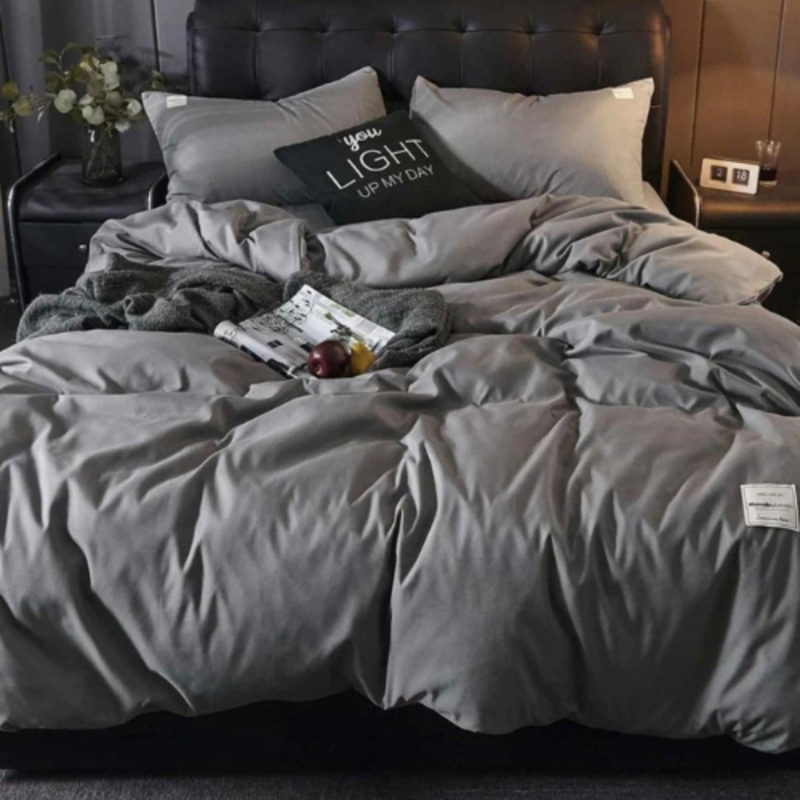 Deals For Less 4-Piece Luna Home Plain Bedding Set, 1 Duvet Cover + 1 Fitted Bedsheet + 2 Pillow Covers, Single, Grey