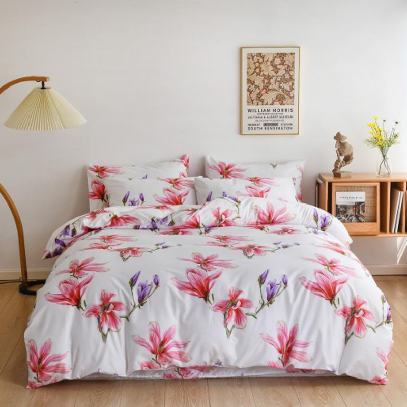 ديلز فور ليس لونا هوم طقم سرير بتصميم زهور من 6 قطع ، بدون حشو ، 1 غطاء لحاف + 1 ملاءة مسطحة + 4 كيس وسادة ، كوين / مزدوج ، وردي / أبيض