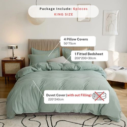 Luna Home 6-Piece Duvet Cover Set, 1 Duvet Cover + 1 Fitted Sheet + 4 Pillow Covers, King, Green