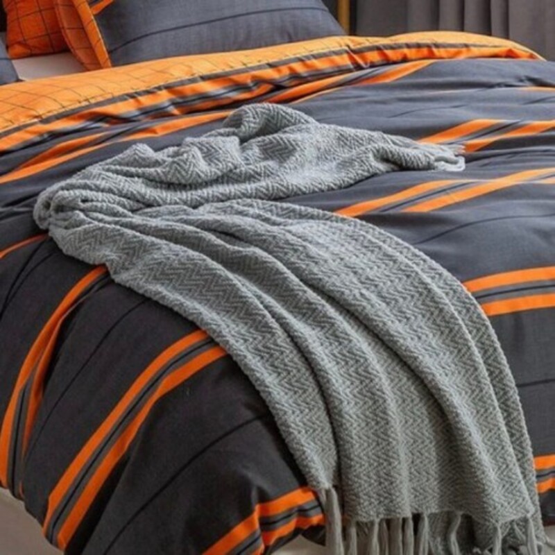 ديلز فور ليس طقم أغطية سرير بتصميم مخطط من 6 قطع ، 1 غطاء لحاف + 1 ملاءة سرير مسطحة + 4 أغطية وسائد ، برتقالي / رمادي ، كوين / مزدوج