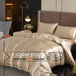 Deals For Less Luna Home 6-Piece Plain Bedding Set, 1 Duvet Cover + 1 Fitted Sheet + 4 Pillow Cases, Silky Satin, King Size, Beige