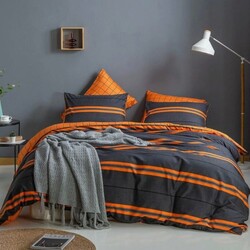 ديلز فور ليس طقم أغطية سرير بتصميم مخطط من 6 قطع ، 1 غطاء لحاف + 1 ملاءة سرير مسطحة + 4 أغطية وسائد ، برتقالي / رمادي ، كوين / مزدوج