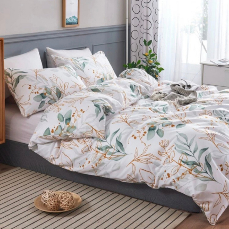 Deals For Less 6-Piece Leaves Design Bedding Set, without Filler, 1 Duvet Cover + 1 Flat Sheet + 4 Pillow Covers, Green/White/Grey, Queen/Double