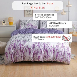 Luna Home 6-Piece Wisteria Design Bedding Set, 1 Duvet Cover + 1 Fitted Bedsheet + 4 Pillow Covers, White/Purple, King Size