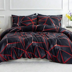 Deals For Less Luna Home 6-Piece Geometric Design Duvet Cover Set, 1 Duvet Cover + 1 Fitted Sheet + 4 Pillow Covers, King, Black/Red