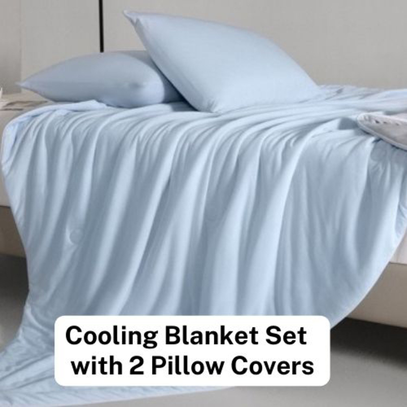 Luna Home 3-Piece Icy Silky Summer Cool Quilt Set, 1 Quilt + 2 Pillow Covers, Blue/Grey, One Size