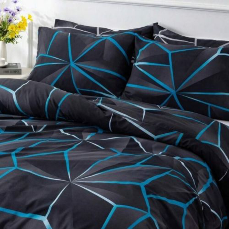 Deals For Less Luna Home 4-Piece Geometric Design Duvet Cover Set, 1 Duvet Cover + 1 Fitted Sheet + 2 Pillow Covers, Single, Black/Blue