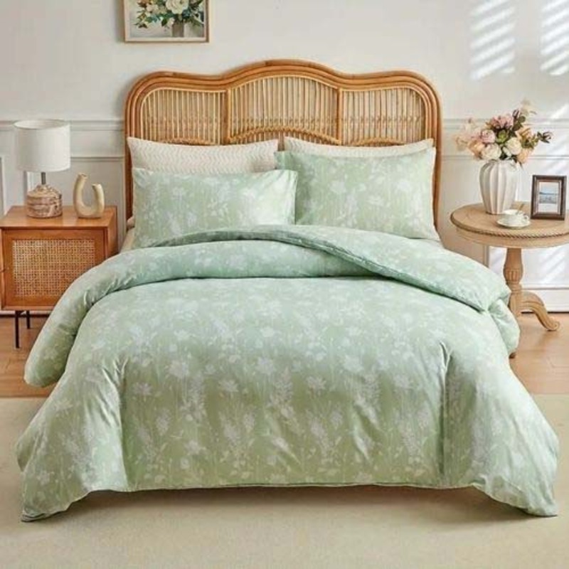 Luna Home 6-Piece Duvet Cover Set, 1 Duvet Cover + 1 Fitted Sheet + 4 Pillow Covers, Floral Details, Queen, Green