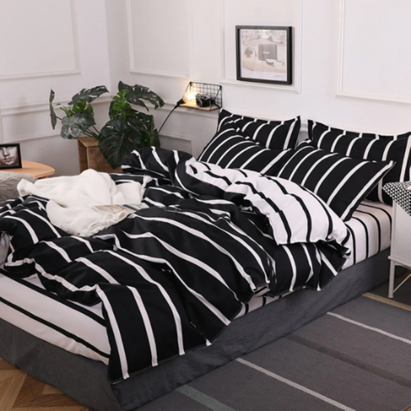 Deals For Less 4-Piece Stripes Design Bedding Set, 1 Duvet Cover + 1 Fitted Bedsheet + 2 Pillow Covers, Black/White, Single
