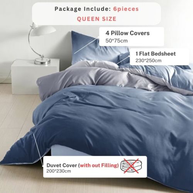 Luna Home 6-Piece Duvet Cover Set, 1 Duvet Cover + 1 Fiat Sheet + 4 Pillow Covers, Queen, Ombre Blue