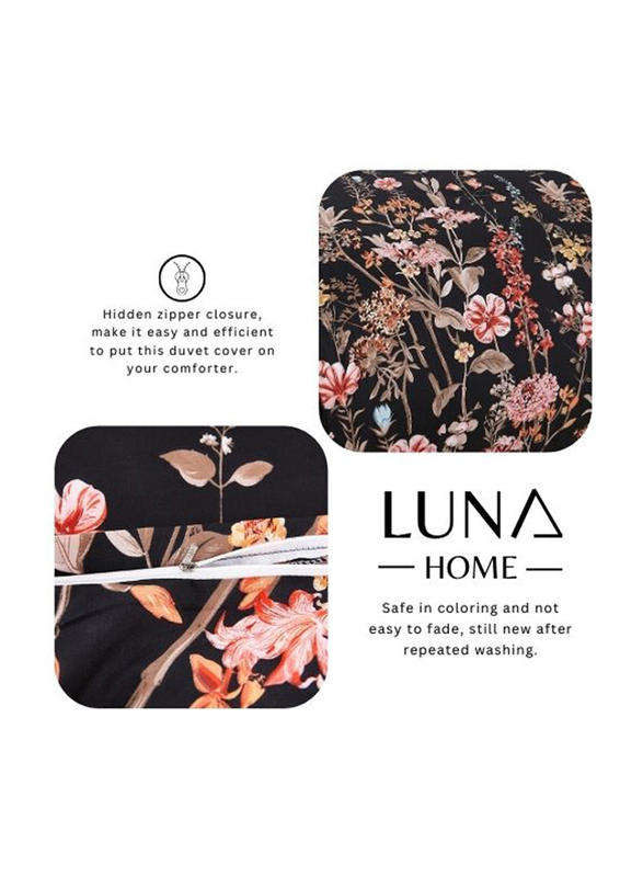 Deals For Less Luna Home 6-Piece Black Color Floral Design Duvet Cover Set, 1 Duvet Cover + 1 Fitted Sheet + 4 Pillow Cases, King, Black