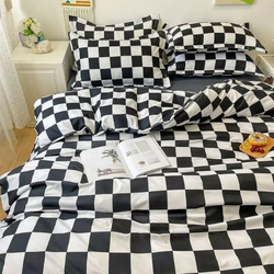 Luna Home 4-Piece Checkered Design without Filler Bedding Set, 1 Duvet Cover + 1 Flat sheet + 2 Pillow Covers, Single, Black/White