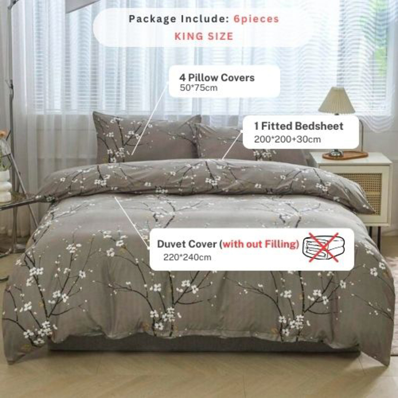 Deals For Less Luna Home 6-Piece Plum Blossom Branch Flower Design Duvet Cover Set, 1 Duvet Cover + 1 Fitted Sheet + 4 Pillow Cases, King, Grey