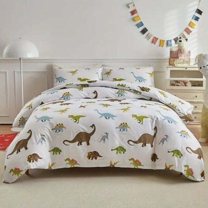 

Luna Home LUNAHOME- 4-Piece Bedding Set, 1 Duvet Cover + 1 Fitted Sheet + 2 Pillow Cases, Dinosaur Pattern, Single, White