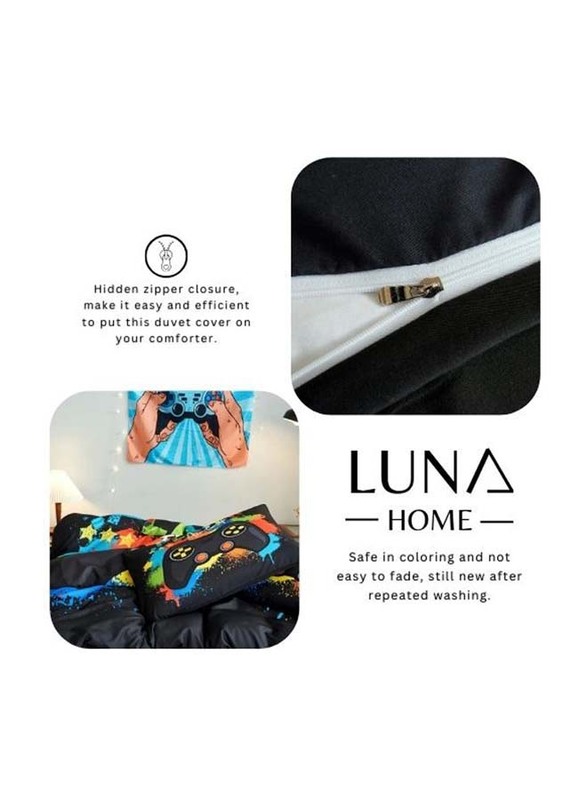 Luna Home 4-Piece Bedding Set, 1 Duvet Cover + 1 Fitted Sheet + 2 Pillow Cases, 3D Gaming Remote Details, Single, Black