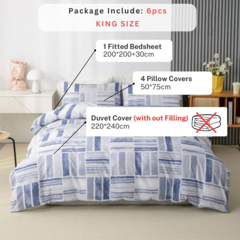 Luna Home 6-Piece Without Filler, Geometric Design Bedding Set, 1 Duvet Cover + 1 Flat Bedsheet + 4 Pillow Covers, Blue, King Size