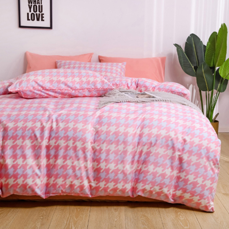 Luna Home 4-Piece Checkered Design Bedding Set without Filler, 1 Duvet Cover + 1 Fitted Sheet + 2 Pillow Cases, Single, Pink