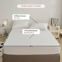 Luna Home 3-Piece Fitted Sheet Set, 1 Fitted Sheet + 2 Pillow Covers, King, White