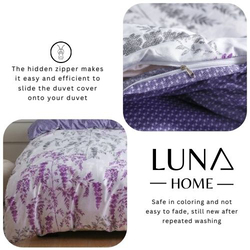 Luna Home 6-Piece Wisteria Design Bedding Set, 1 Duvet Cover + 1 Fitted Bedsheet + 4 Pillow Covers, White/Purple, Queen Size