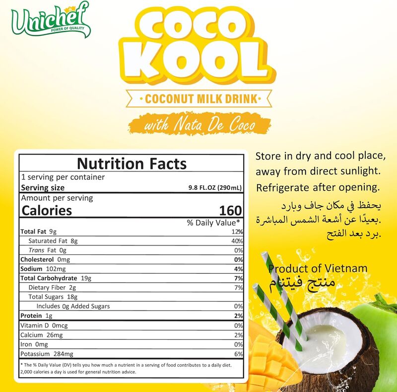 UNICHEF COCO KOOL -MANGO- COCONUT MILK DRINK WITH NDC - SUGAR FREE 6 X 290 ML (6 PACK)