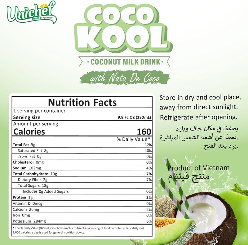 UNICHEF COCO KOOL -MELON- COCONUT MILK DRINK WITH NDC- SUGAR FREE 6 X 290 ML (6 PACK)
