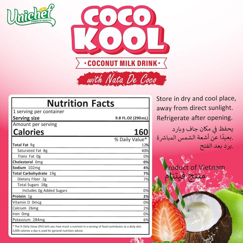 UNICHEF COCO KOOL -STRAWBERRY- COCONUT MILK DRINK WITH NDC SUGAR FREE- 6 X 290 ML (6 PACK)