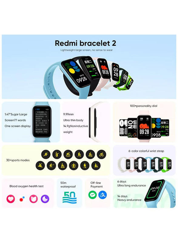 Xiaomi Redmi Smart Band 2 Fitness, Vibrant 1.47" TFT Display, 30 + Sports Mode Up To 14 days Battery Life, Water Resistant, Black