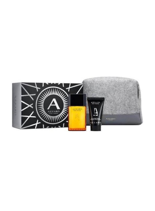 Azzaro 3-Piece Pour Homme Perfume Gift Set for Men, 50ml EDT, 50ml Body & Hair Shampoo, Pouch
