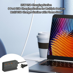 ABS USB Organizer Charging Station with Three Type C Ports Two-in-one for Smartphone/Laptop/Computer/Tablet and Smartphone, Black
