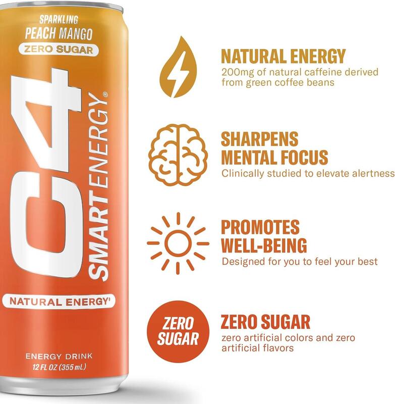 Cellucor C4 Smart Energy, Tropical Passionfruit, Pre Workout Energy, 355ml, Peach Mango