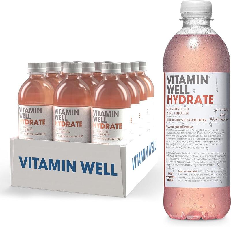 Vitamin Well Hydrate, Rhubarb/Strawberry, Vitamin C + D Zinc + Biotin, 500ml, Pack of 12