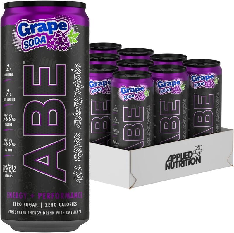 Applied Nutrition ABE Energy Drinks: Zero Sugar, Zero Calories, Grape Soda Flavor - Pack of 12 (330ml)