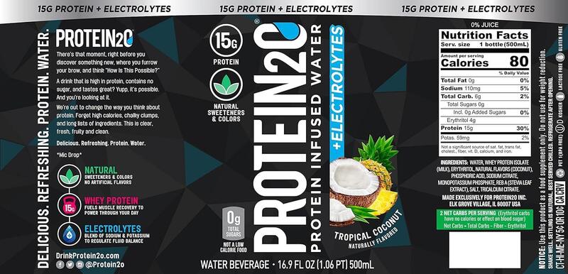 Protein2o, 15g Whey Protein Infused Water Plus Energy, Tropical Coconut, 500ml, Pack of 12