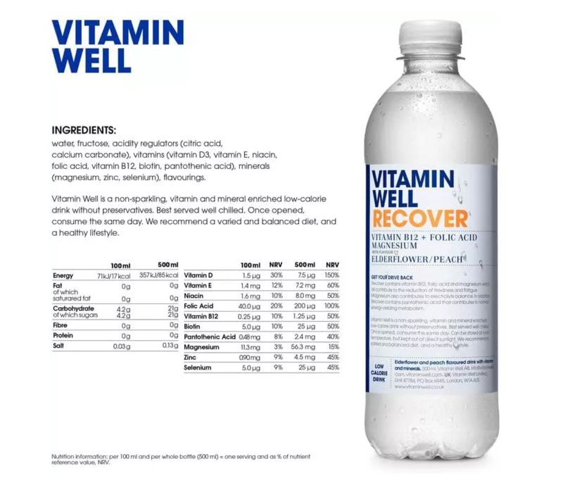 Vitamin Well Recover 500ml Elderflower and Peach Flavor