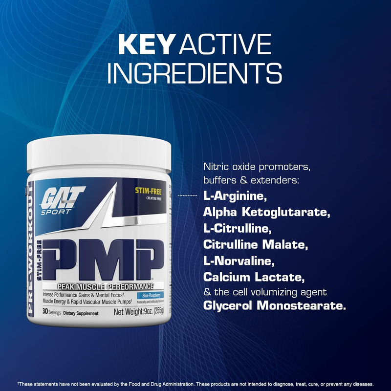 GAT Sport Stim Free PMP, 255g, Blue Raspberry Flavor, 30 Serving