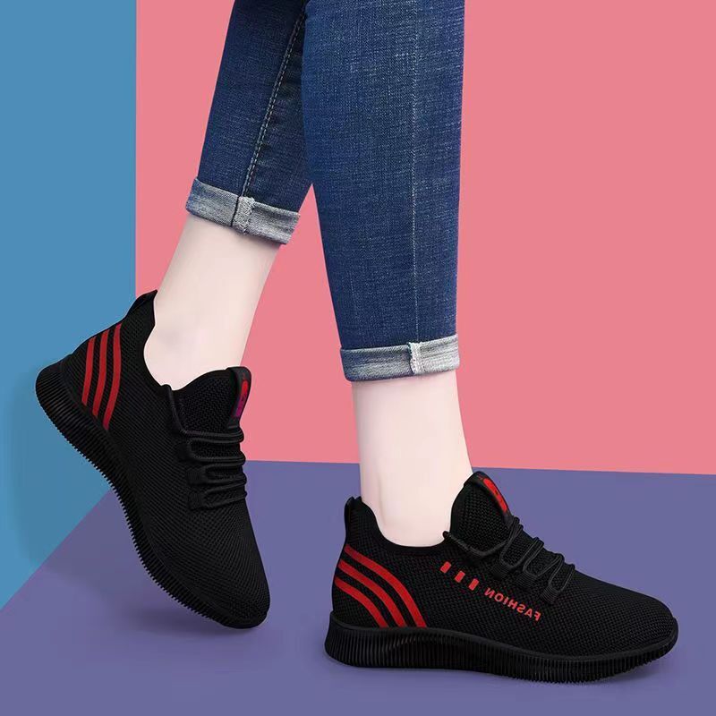 Women's Mesh Sports Shoes, Breathable & Lightweight Lace Up Low Top Running Shoes, Casual Walking Sneakers_Black/Red